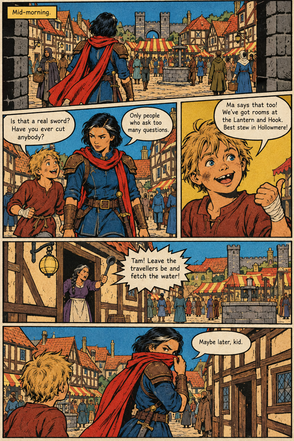 Mara, a dark-haired traveler in blue with a long red scarf and a sword, walks through a busy market square with Tam, a blond boy, while a woman in an apron calls to him from a doorway.