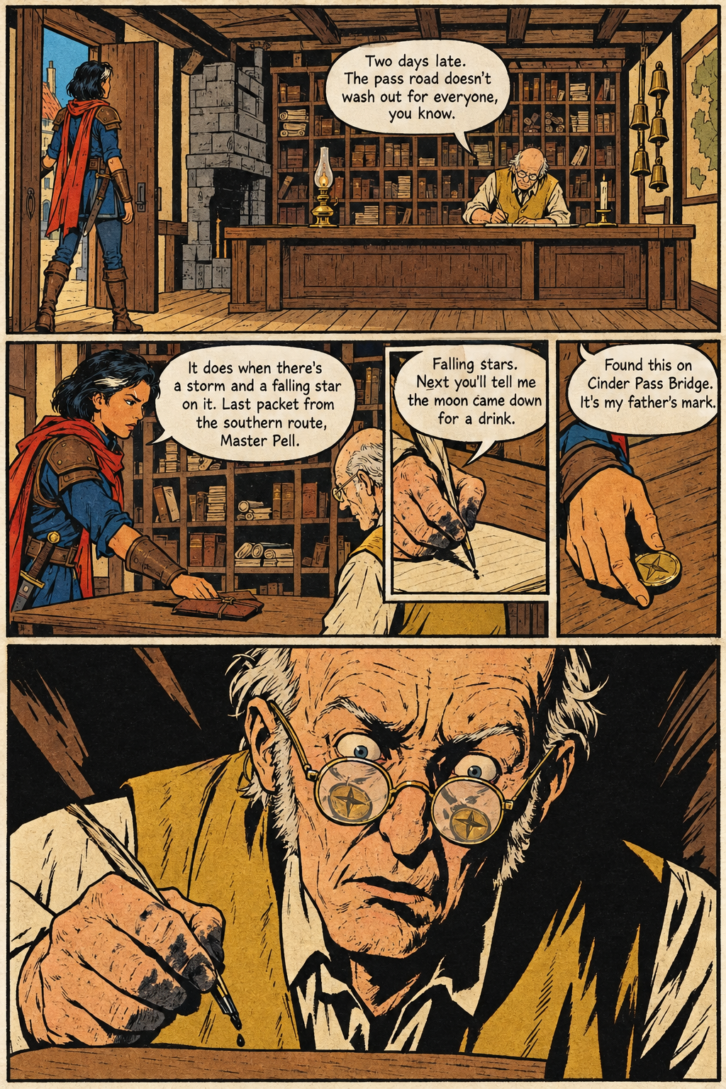 Mara stands at a wooden counter in a book-filled office as Osric Pell writes, then she shows him a round token and he stares at it through his spectacles.