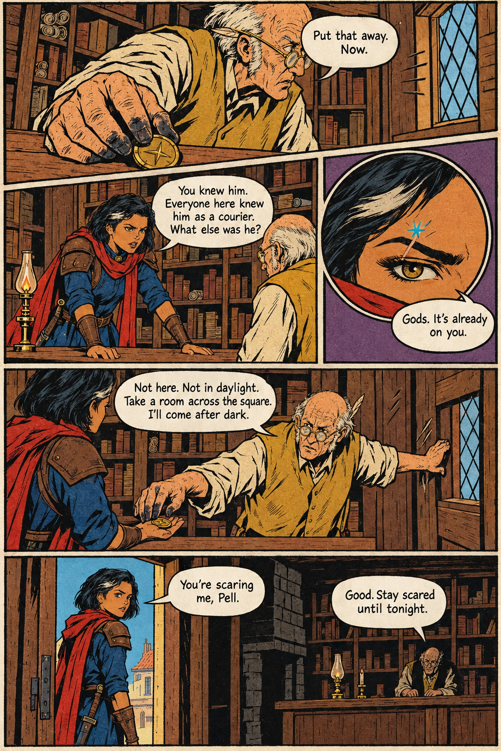 Mara, wearing a blue tunic and red scarf, faces the bespectacled Osric Pell in a book-lined room as he reaches toward a coin and later points her toward the door; a small blue star-shaped mark is visible on her brow.