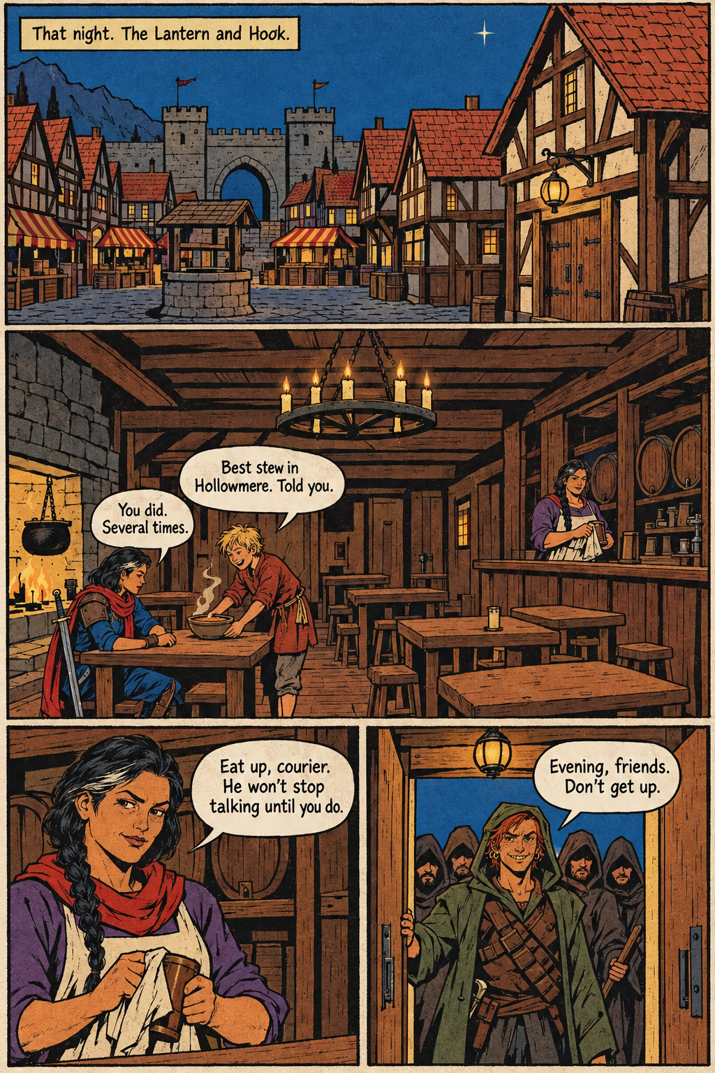 At night, a stone-well square lined with timber buildings leads to an inn where a dark-haired woman in a red scarf eats stew with a blond child, while an apron-wearing woman works behind the counter and a red-haired man enters with several hooded figures.