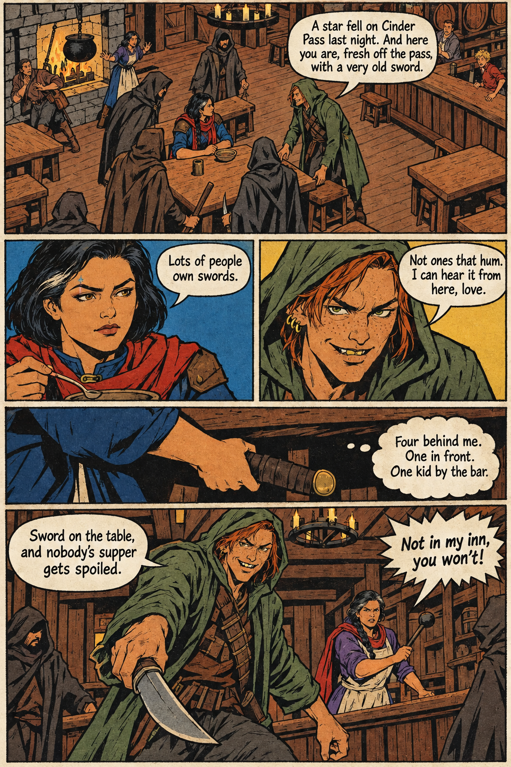 In a candlelit wooden tavern, Kesh leans toward Mara at a table, then draws a curved blade as Bryn steps forward with a ladle and other patrons watch.