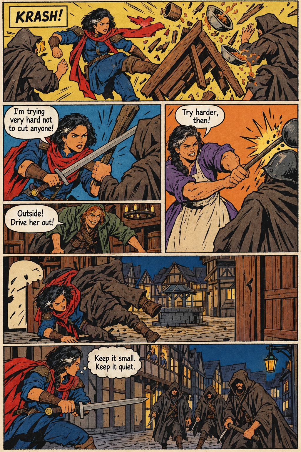 Mara fights hooded attackers inside a room and then outside in a street, while a woman in an apron swings at another attacker and a red-haired man calls out from the room.