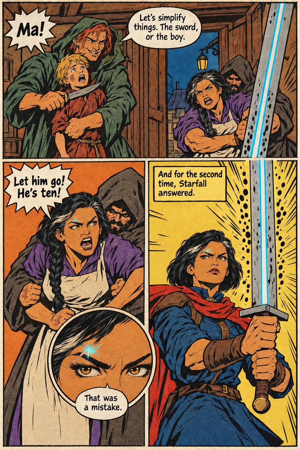 Kesh holds a frightened blond boy close and presses a knife near him while Bryn reaches toward them, and Mara grips a bright, glowing sword.