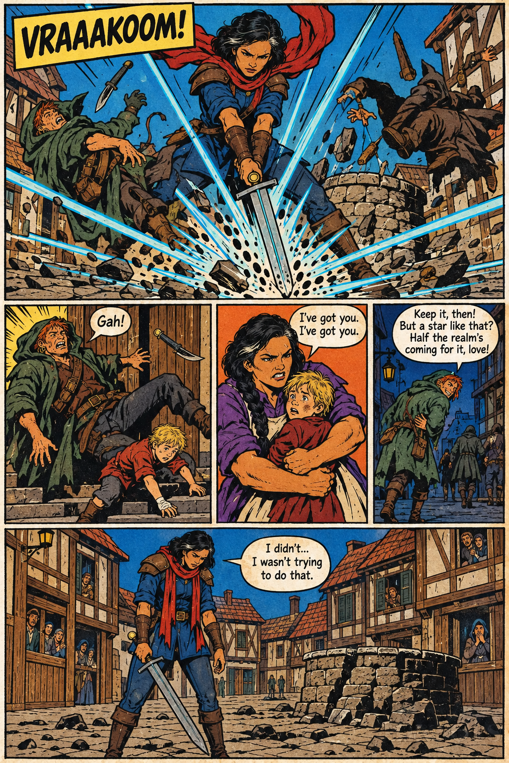 Mara drives her sword into the cobbled square, sending blue streaks and rubble outward as Kesh and other men are thrown back; she then holds Tam close, while Kesh runs off and Mara stands among the scattered stones as townspeople watch from windows.