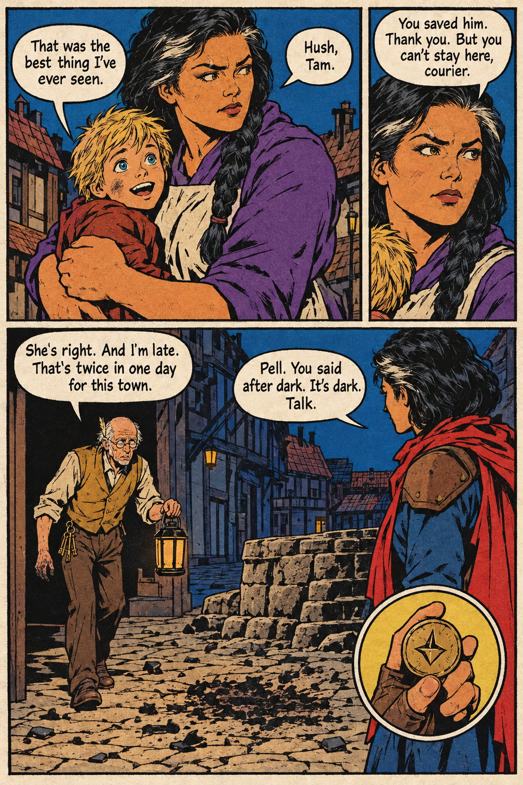 A dark-haired woman in a purple dress holds a blond boy while an older man approaches a red-scarfed courier in a lantern-lit cobblestone street, who holds up a round token.