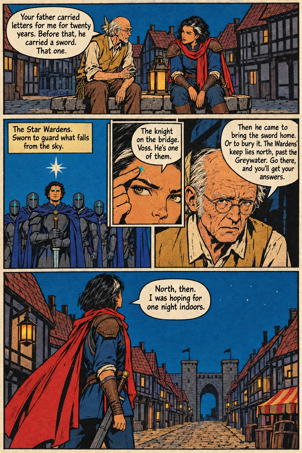 An elderly man with spectacles sits beside a dark-haired woman in a red scarf near a lantern, and later she looks down a town street toward a stone gate.