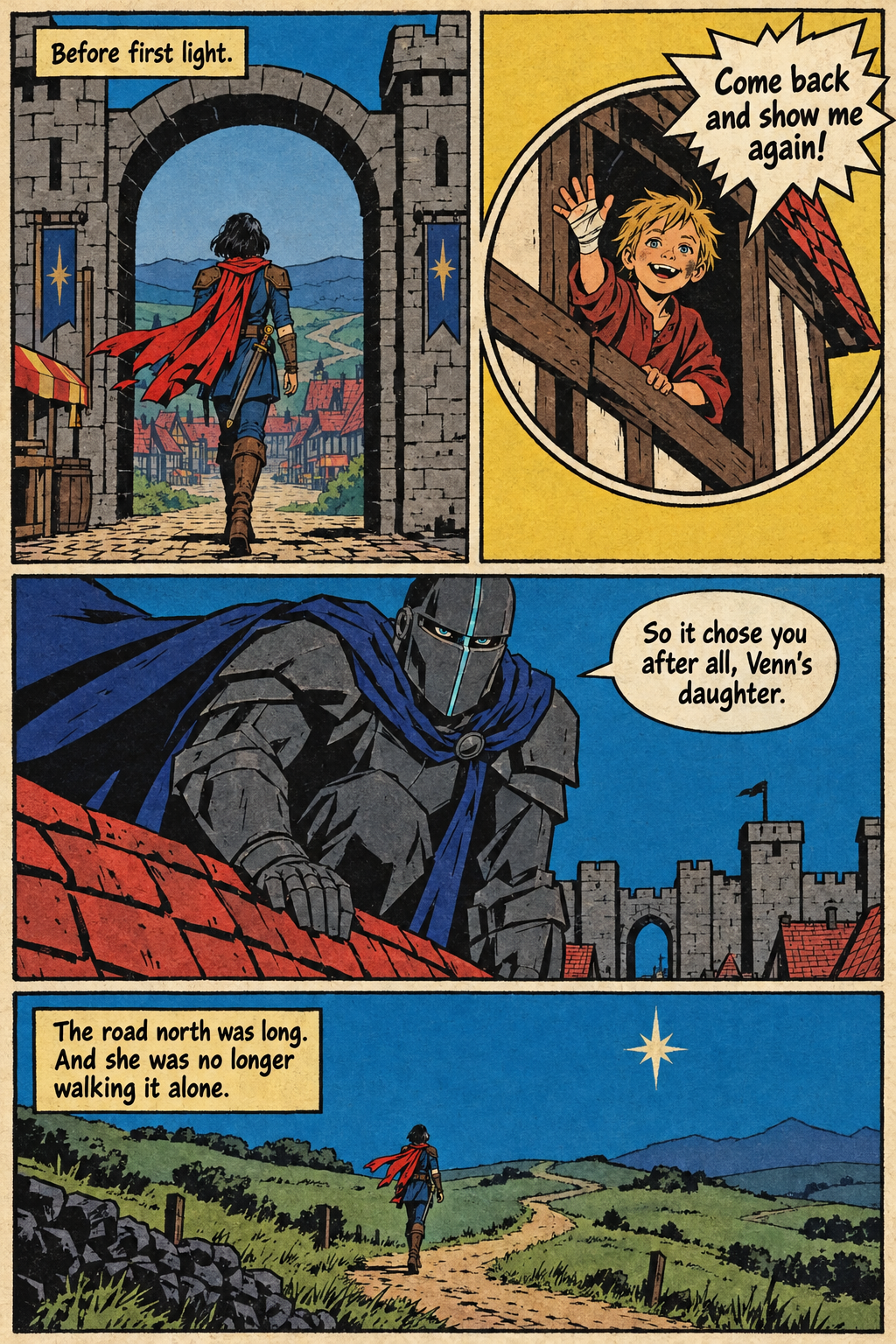 Mara walks out through a stone gate with her red scarf streaming behind her, a blond child waves from a window, an armored figure watches from a rooftop, and Mara continues along a winding road beneath a star.