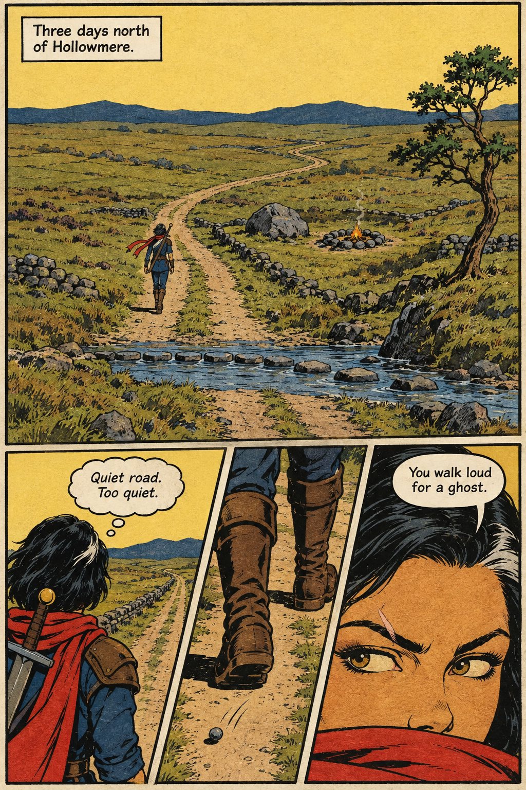 Mara walks along a winding road across open grassland, crossing a stream by stepping stones, while a small campfire burns beside a tree and she glances back over her scarf.