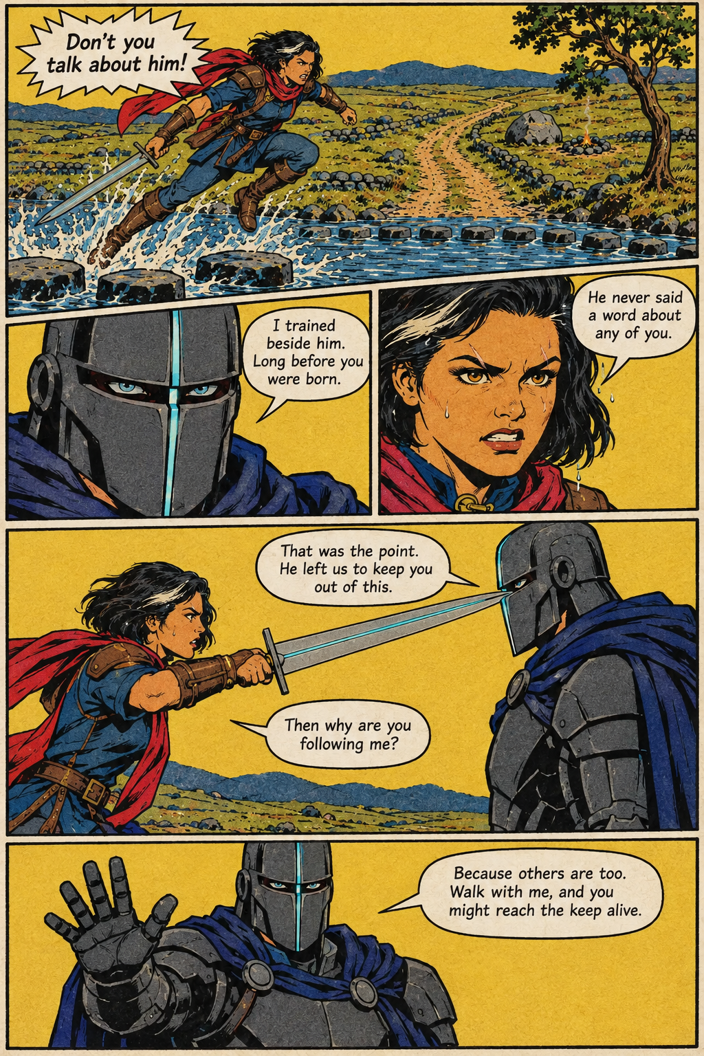 Mara splashes across a stream with a sword, then points it at the armored Warden Voss, who raises an open gauntlet toward her.