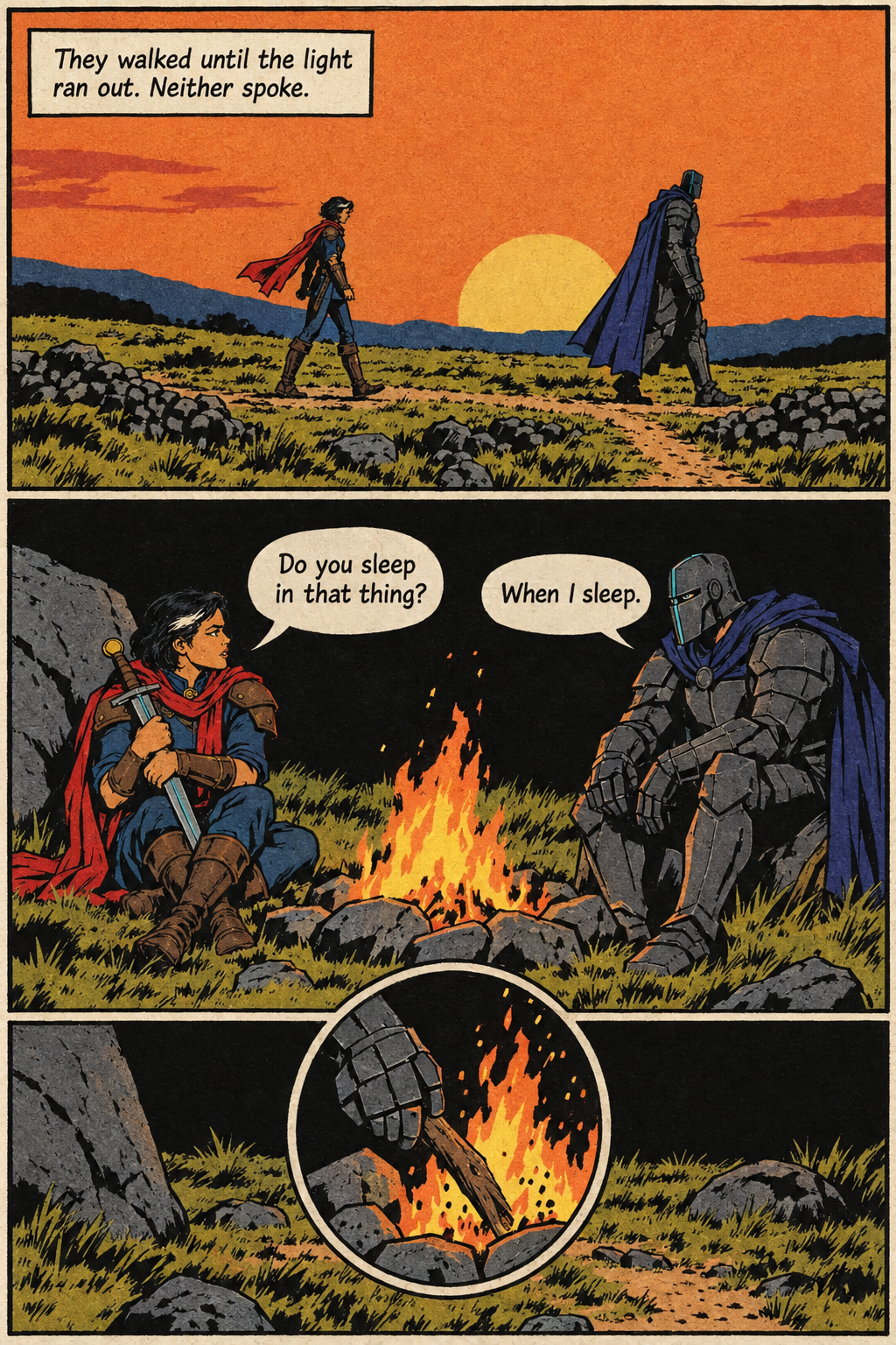 A dark-haired traveler with a red scarf walks behind a tall armored figure at sunset, and later they sit across a campfire as the armored figure feeds it a stick.