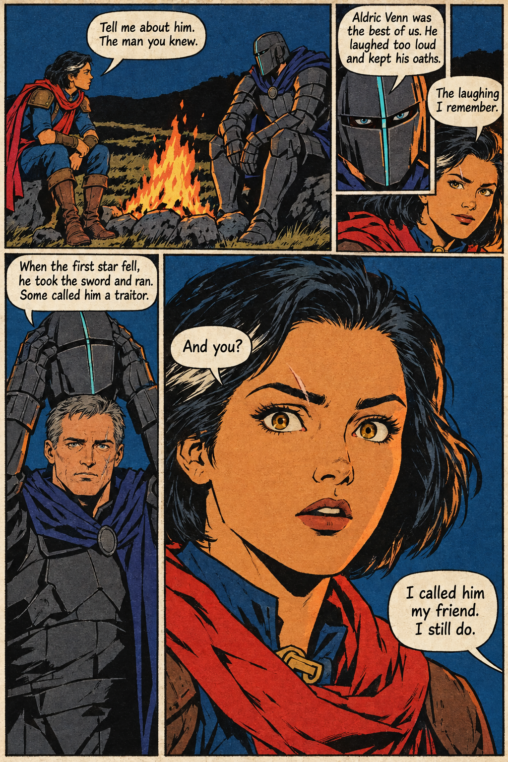 Mara sits by a campfire facing an armored figure, and later speaks with a gray-haired man in armor while the armored figure stands behind him.