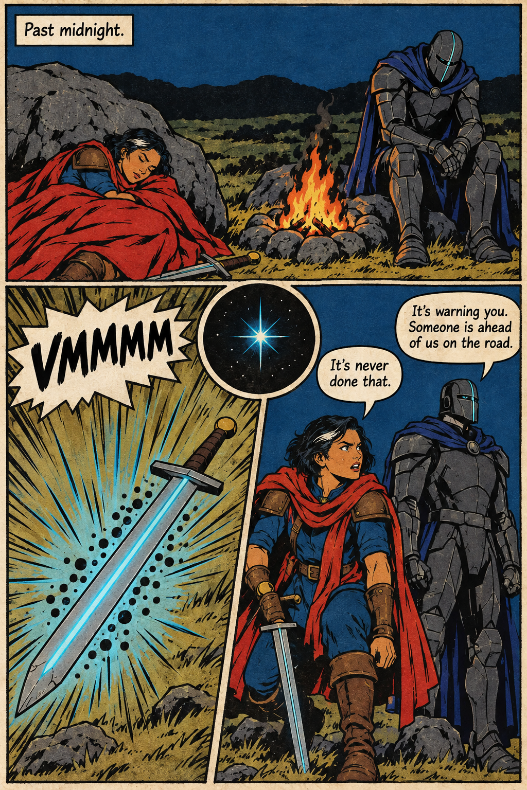 Mara sleeps wrapped in her red scarf beside Warden Voss at a campfire, then stands with her glowing sword as Voss rises beside her.