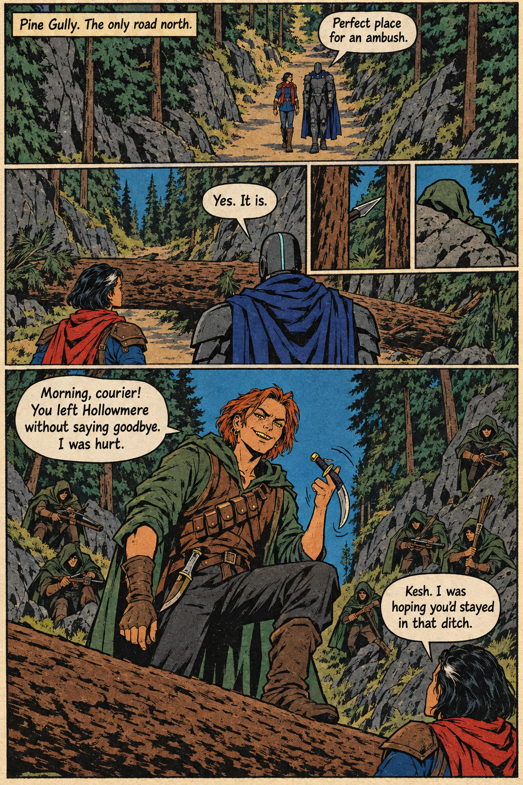 Mara and the armored Warden Voss walk through a forest gully toward a fallen pine, while Kesh sits on the log with a curved knife and hooded armed figures hide among the rocks and trees.