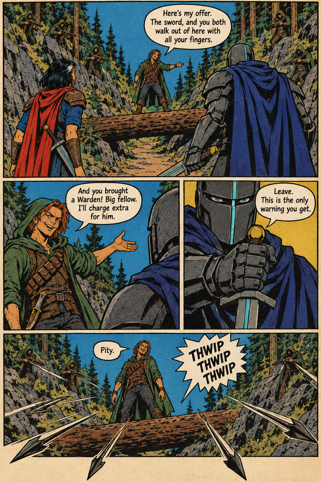 Kesh stands on a fallen tree facing Mara and the armored Warden Voss as hooded crossbowmen aim from the rocky, wooded slopes; after Kesh gestures toward Voss and Voss grips his sword, bolts fly toward Kesh.