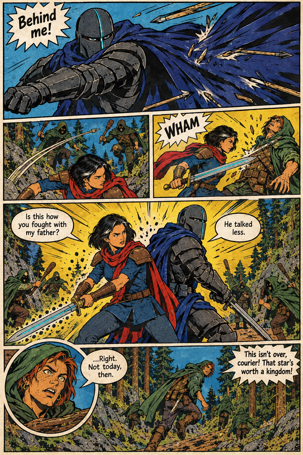 Mara and the armored Warden Voss fight back-to-back in a forest as hooded attackers fall and a red-haired man flees up a rocky slope.