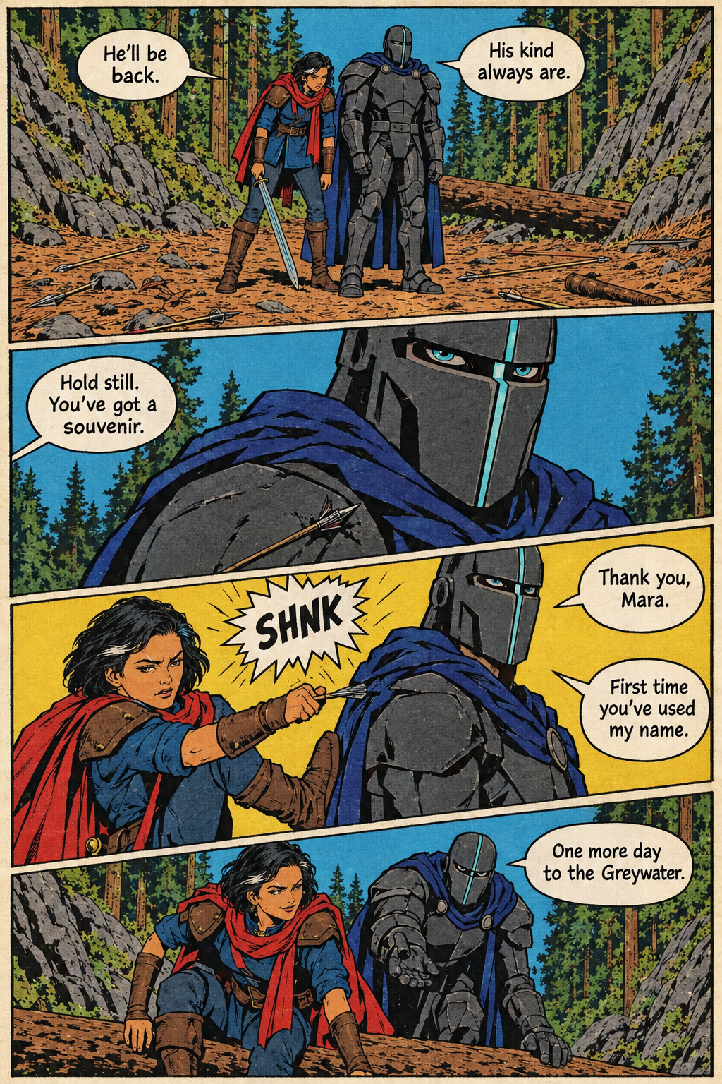Mara stands beside the armored Warden Voss in a wooded gully, pulls a bolt from his shoulder, and then crouches with him by a fallen tree trunk.