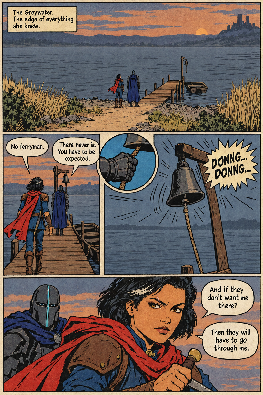Mara and an armored figure stand at the end of a wooden jetty beside a moored boat at dusk; the bell rings, and Mara grips a sword as she speaks.