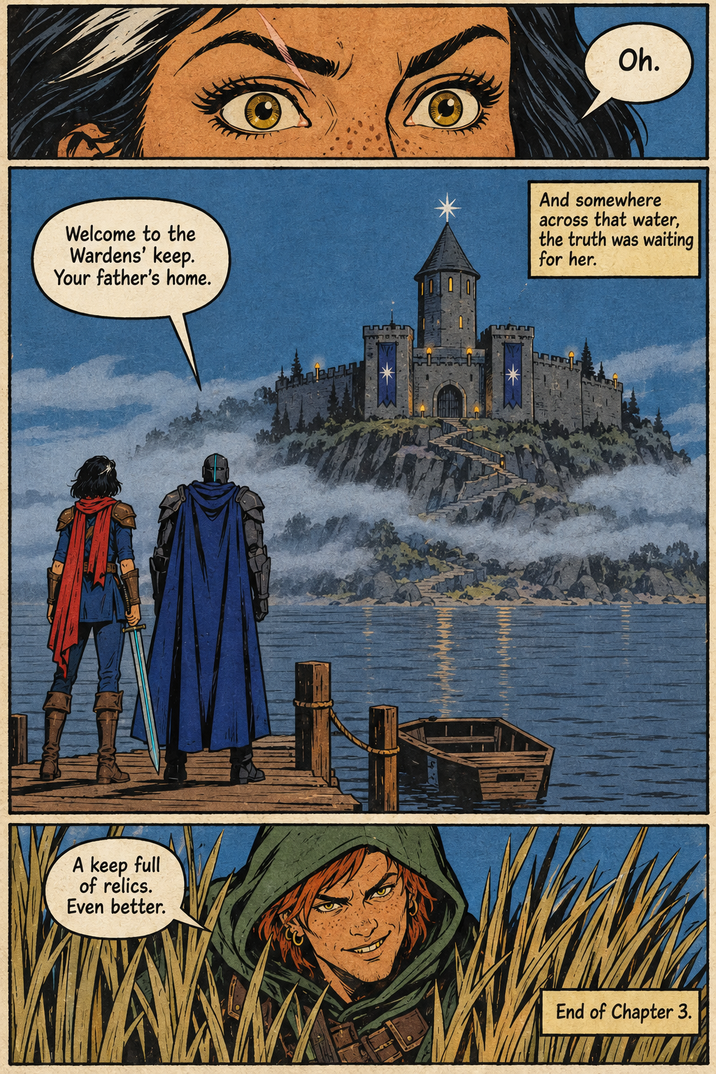 Mara looks wide-eyed toward a keep across the water while she and an armored figure stand on a dock, and Kesh watches from reeds nearby.