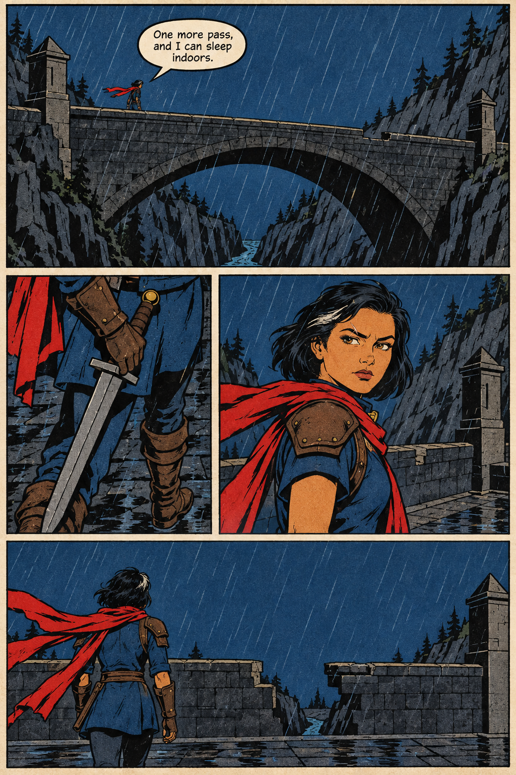 Mara, wearing a blue tunic and long red scarf, crosses a rain-soaked stone bridge, then looks back and faces a broken section of the bridge.
