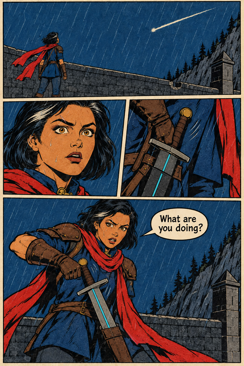Mara Venn stands on a rain-soaked stone bridge beneath a bright streak in the sky, then grips a sword with a thin cyan line along its blade and asks, “What are you doing?”