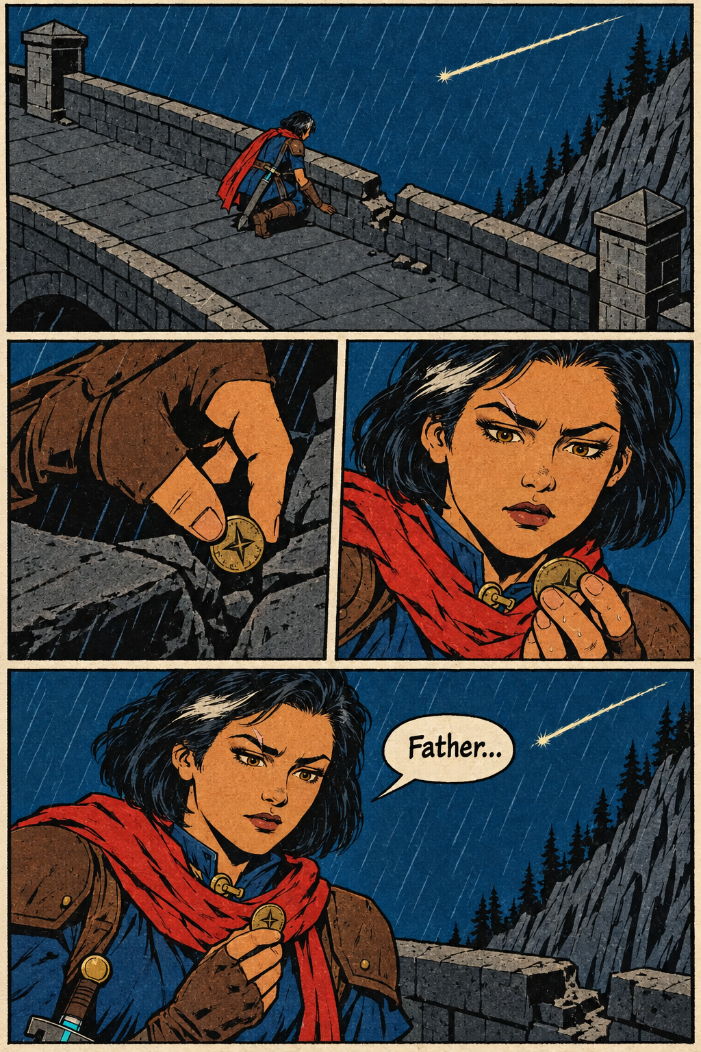 Mara kneels at a broken stone parapet in the rain, finds a small brass token marked with a star, and looks at it beneath a bright streaking star in the sky.