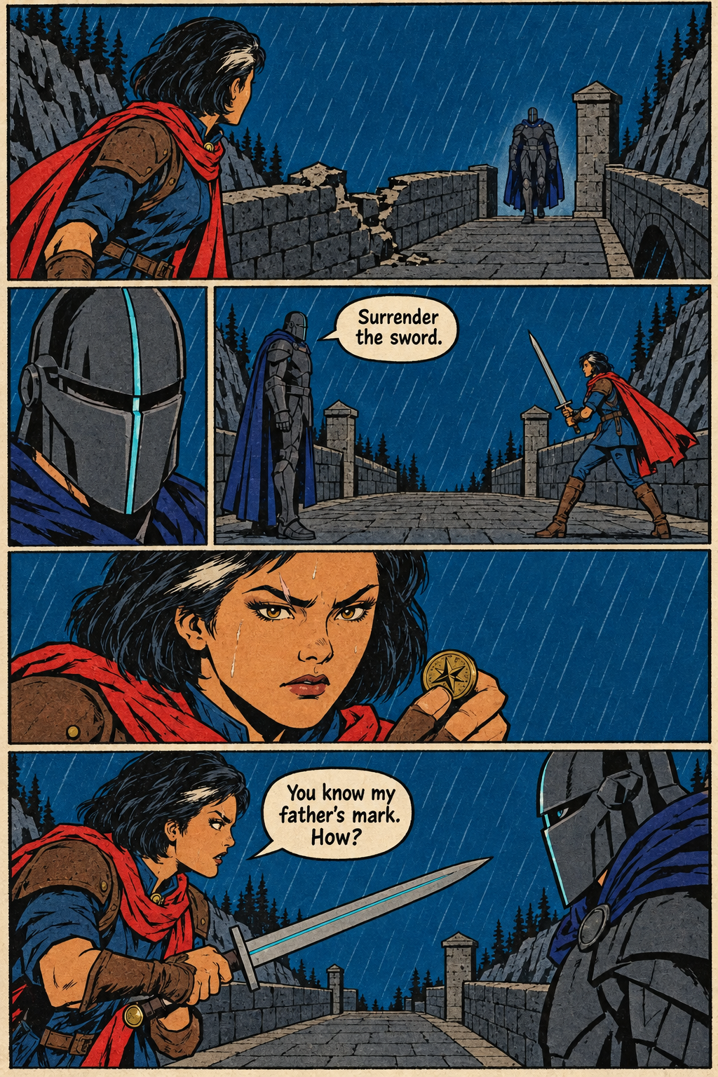 In heavy rain on a stone causeway, Mara Venn faces the armored Warden Voss, holding a sword and a round marked token as she questions him.