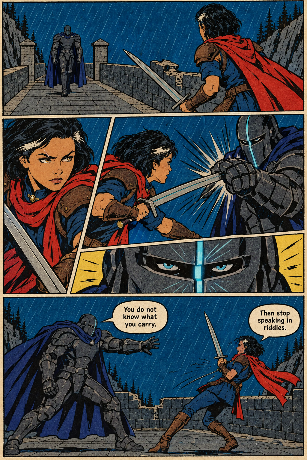 On a rain-soaked stone bridge, Mara Venn faces the armored Warden Voss with her sword raised as he blocks it with his gauntlet and then points toward her.