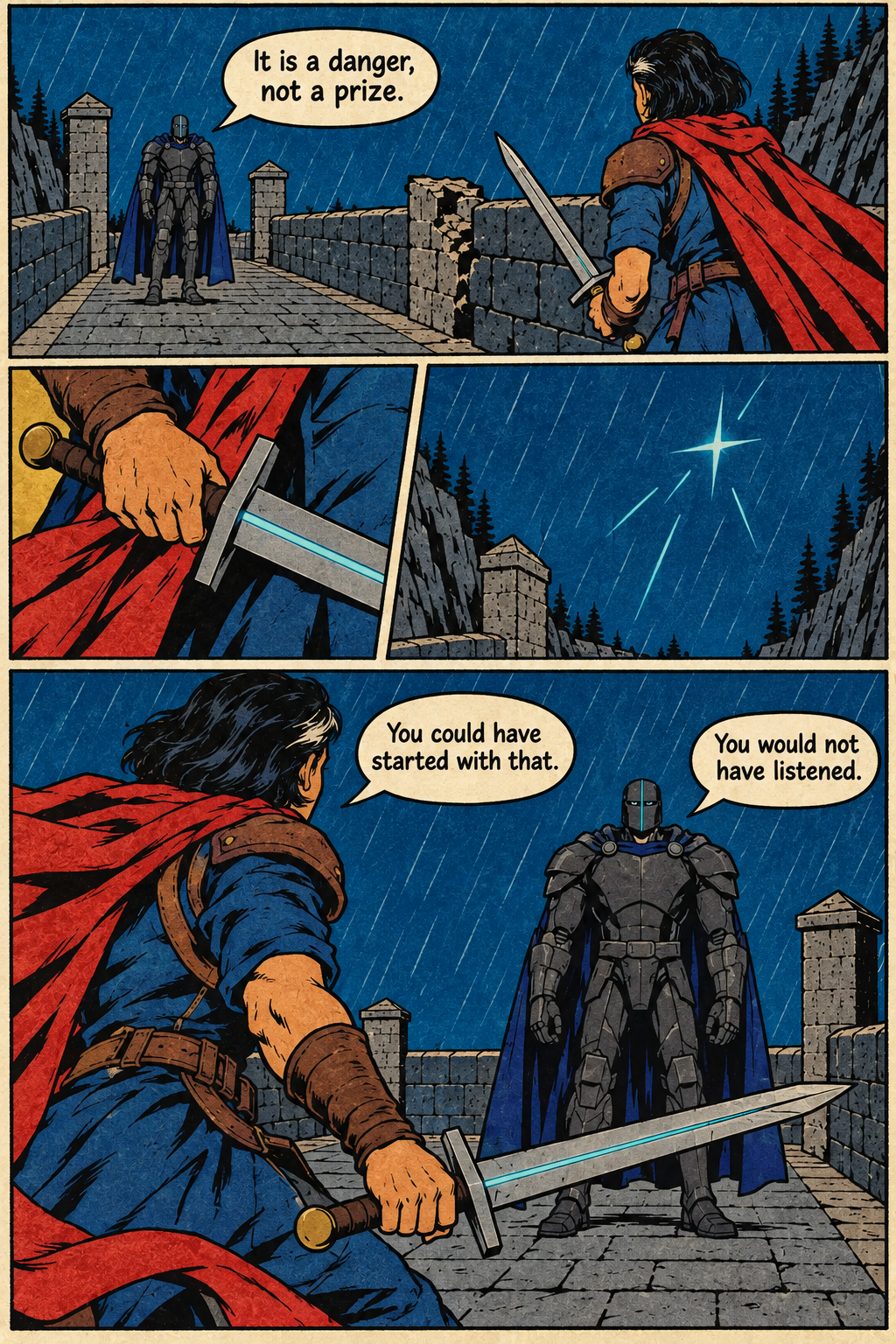 Mara Venn holds a sword across a rain-soaked stone bridge as Warden Voss faces her in armor, with a bright star visible above the ravine.