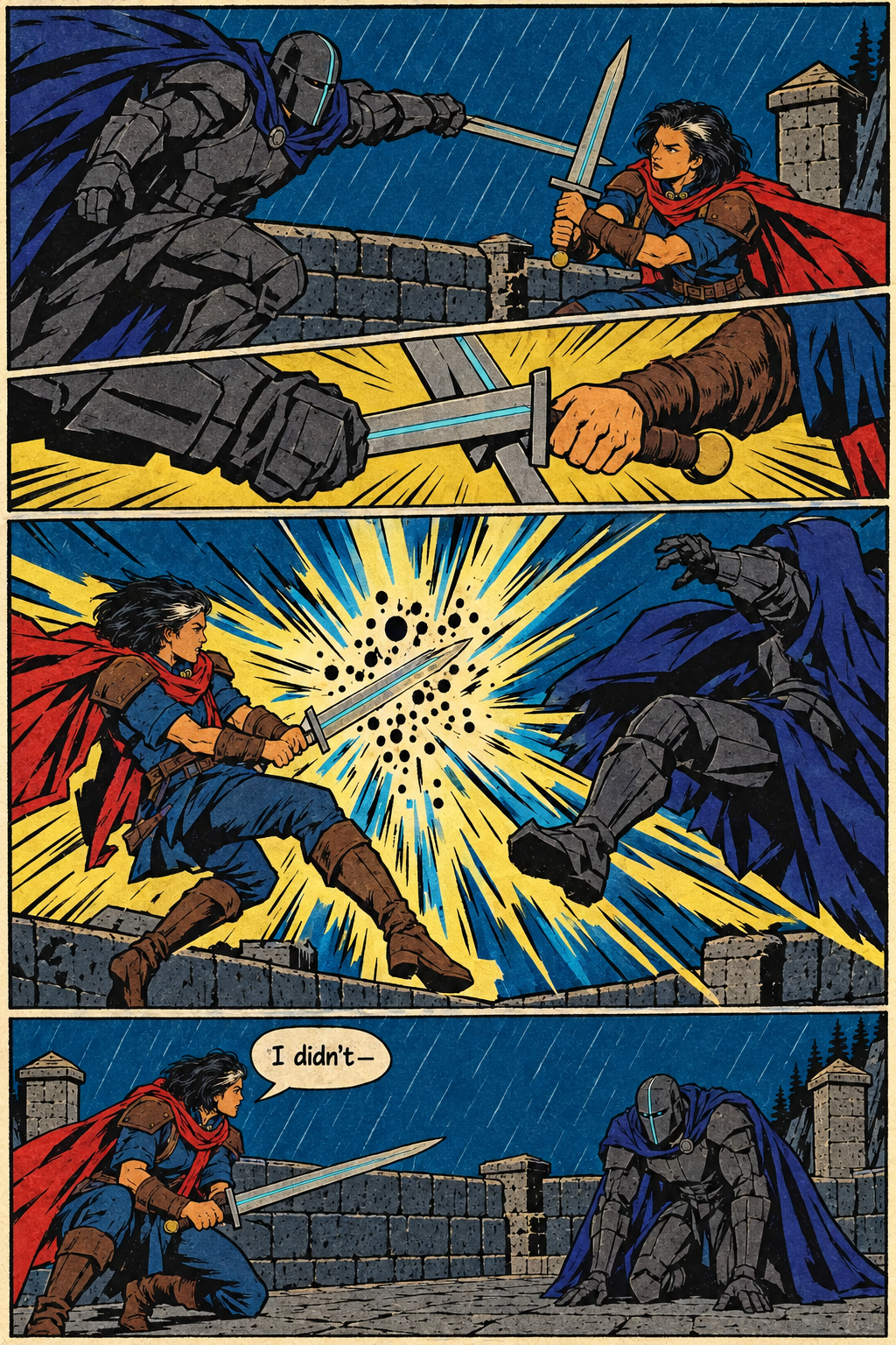 In the rain on a stone rampart, Mara Venn parries Warden Voss’s sword, a burst of energy sends him flying backward, and she kneels facing him as he sits on the stones.
