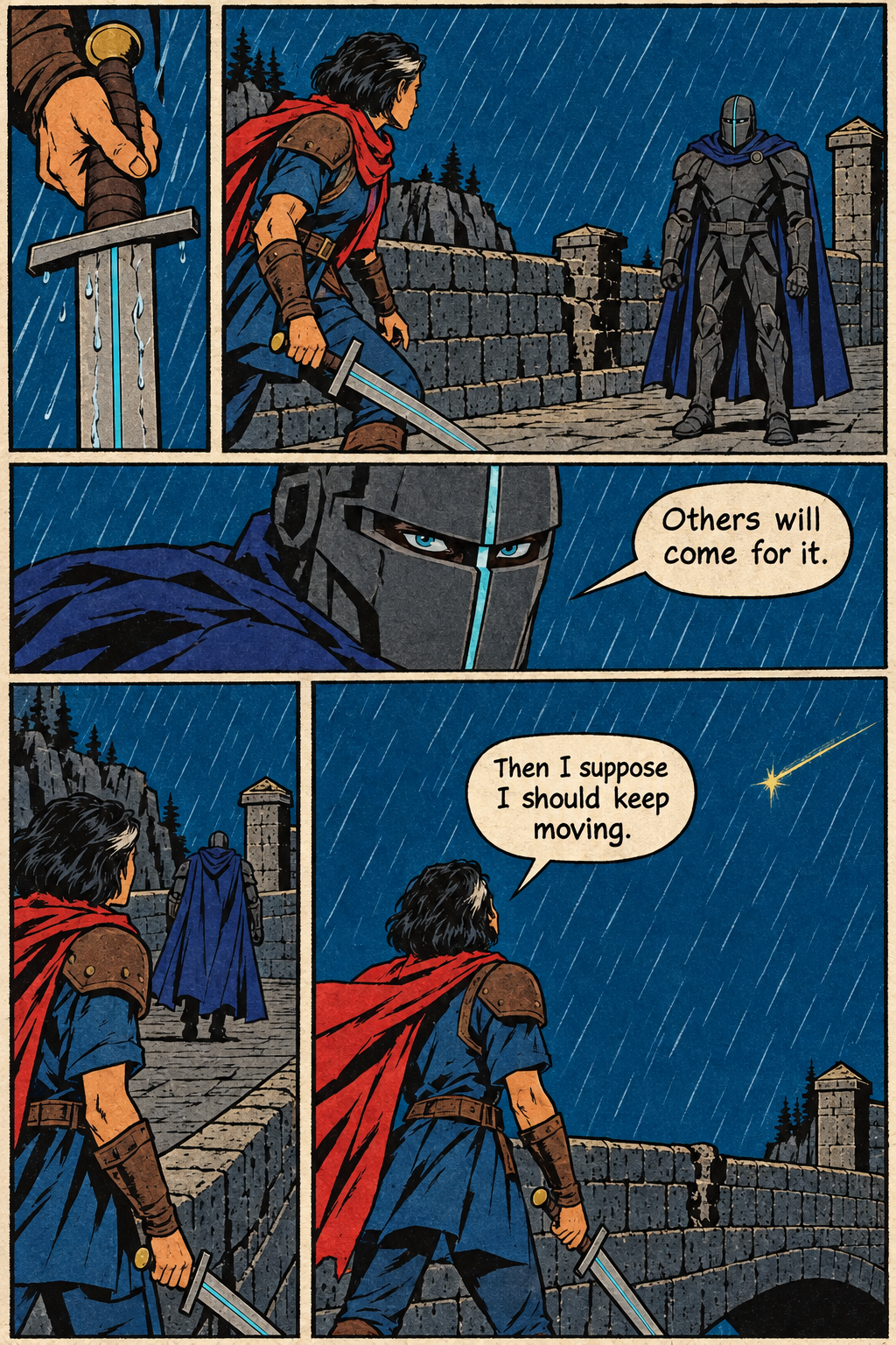 In the rain, Mara Venn holds a sword while facing the armored Warden Voss, who turns and walks away; Mara then looks up at a bright star in the sky.